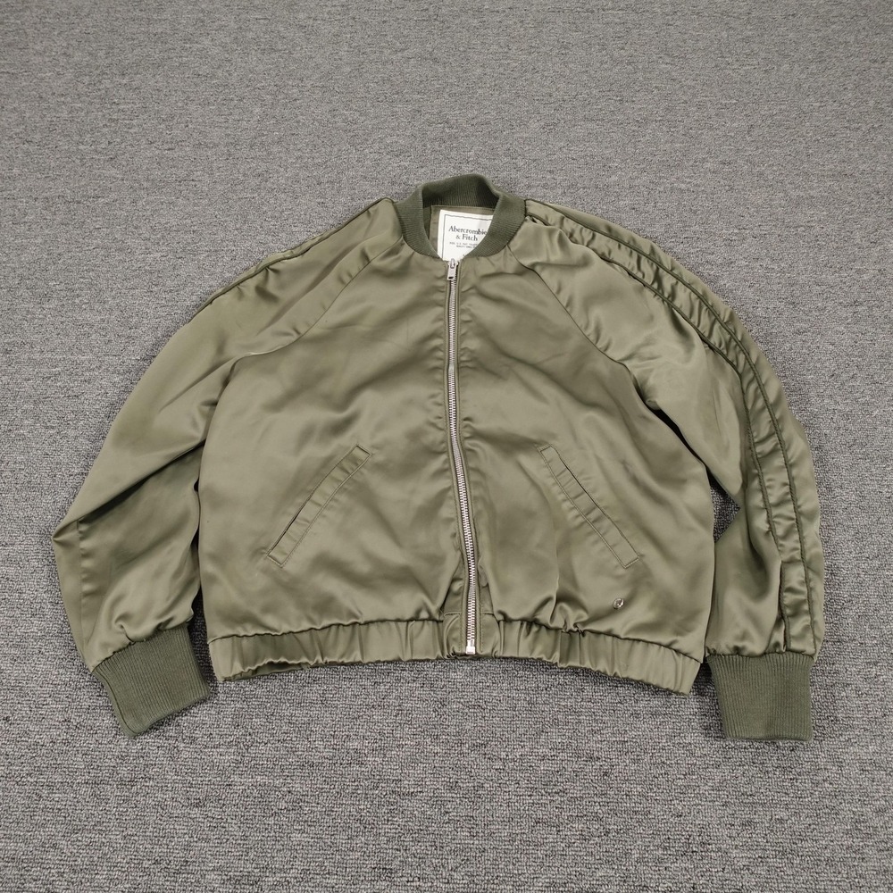 Abercrombie & Fitch Jacket Womens XS Olive Green Satin Bomber Full Zip Casual